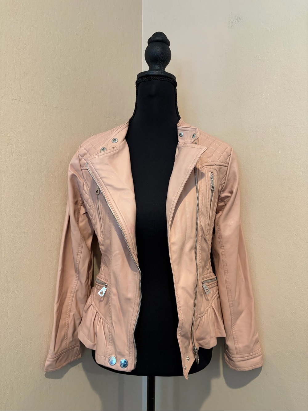 Girls Faux Leather Blush Pink Zipper Front Jacket, Ruffled Hem, size S (7/8)